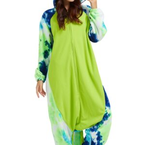 DELEY Unisex Tie Dye Green Axolotl Onesie Adult Halloween Pajamas Cosplay Animal Costume Plush Homewear Sleepwear Jumpsuit