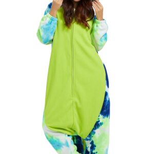 DELEY Unisex Tie Dye Green Axolotl Onesie Adult Halloween Pajamas Cosplay Animal Costume Plush Homewear Sleepwear Jumpsuit