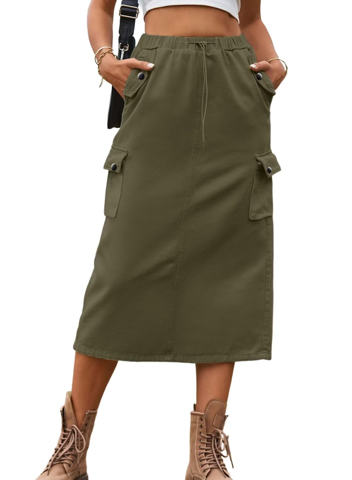 Dokotoo Women's Y2K Drawstring Cargo Midi Skirt Casual Adjustable High Waist Skirt with Pockets Cargo Skirts Work Skirts for Women Green Medium