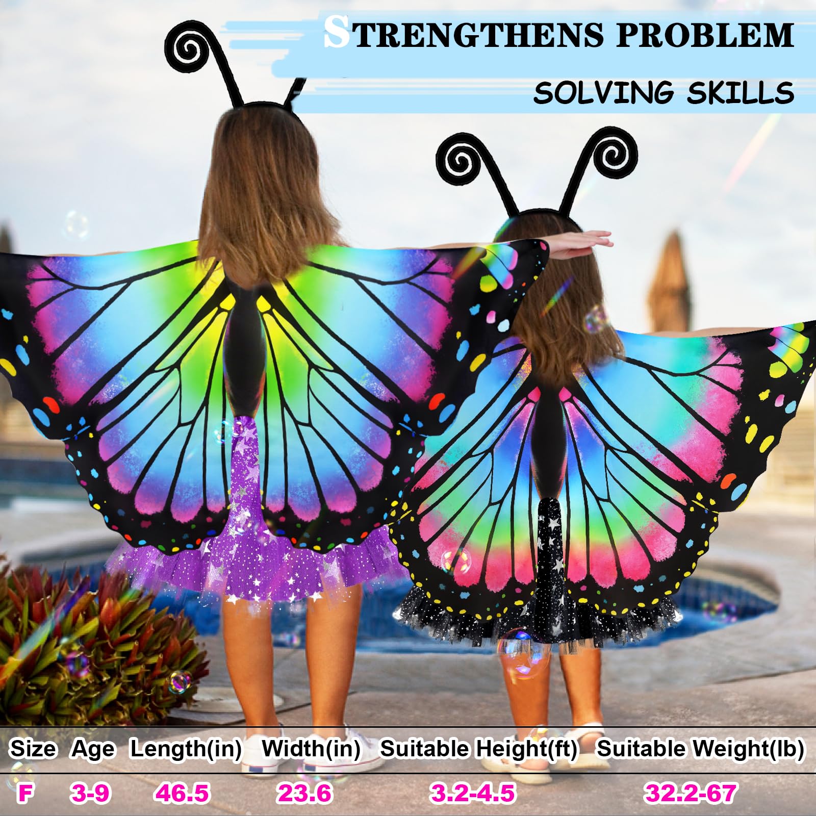 iROLEWIN Kids Butterfly-Wings-Costume for Toddler Girls Halloween-Costume Fairy-Dress-Up Tutu Headband Bug Toys Party Gifts