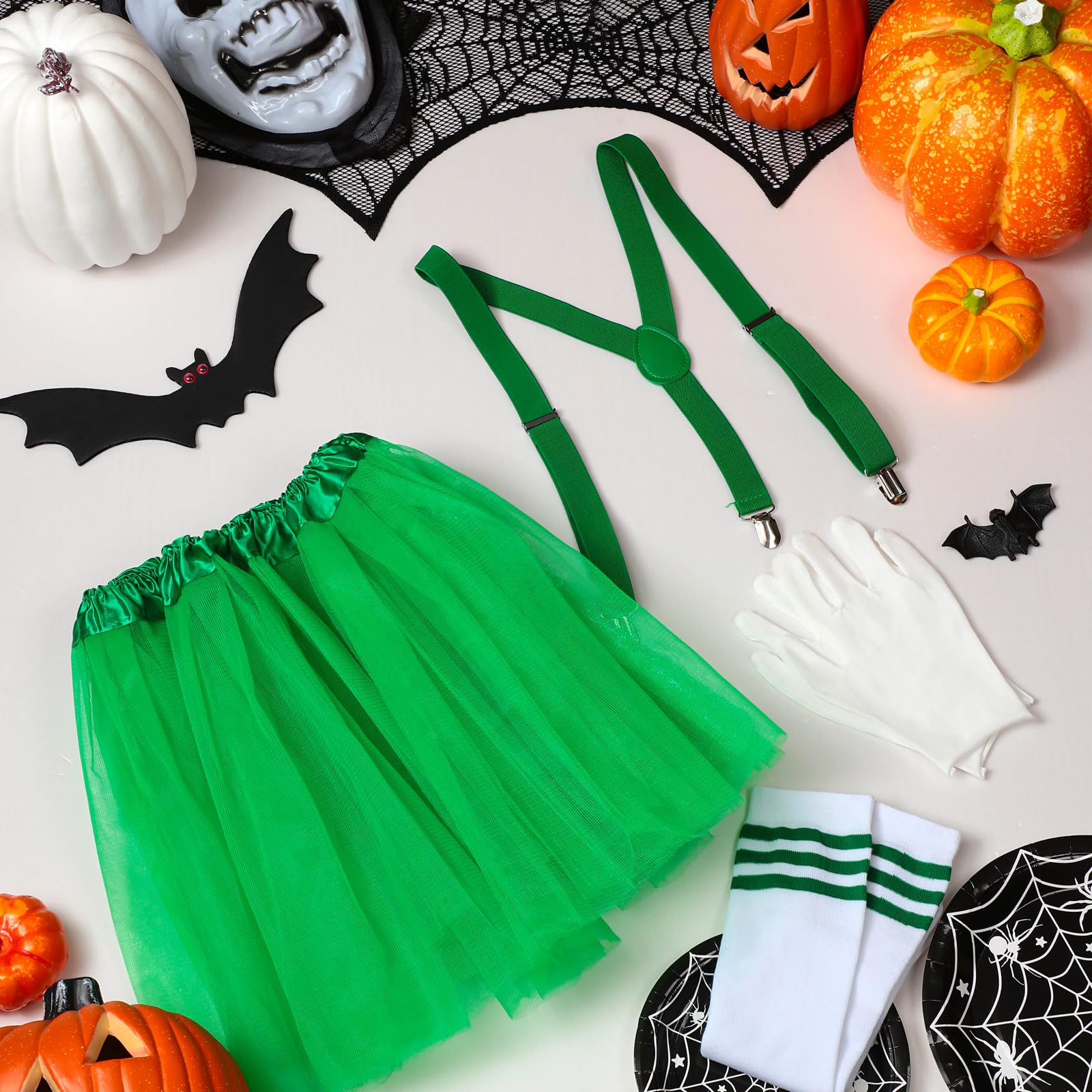 4 Pcs Halloween Costume Tutu Skirt Suspenders Set for Women Y Shape Suspender Tube Socks and Cotton Gloves(Green)