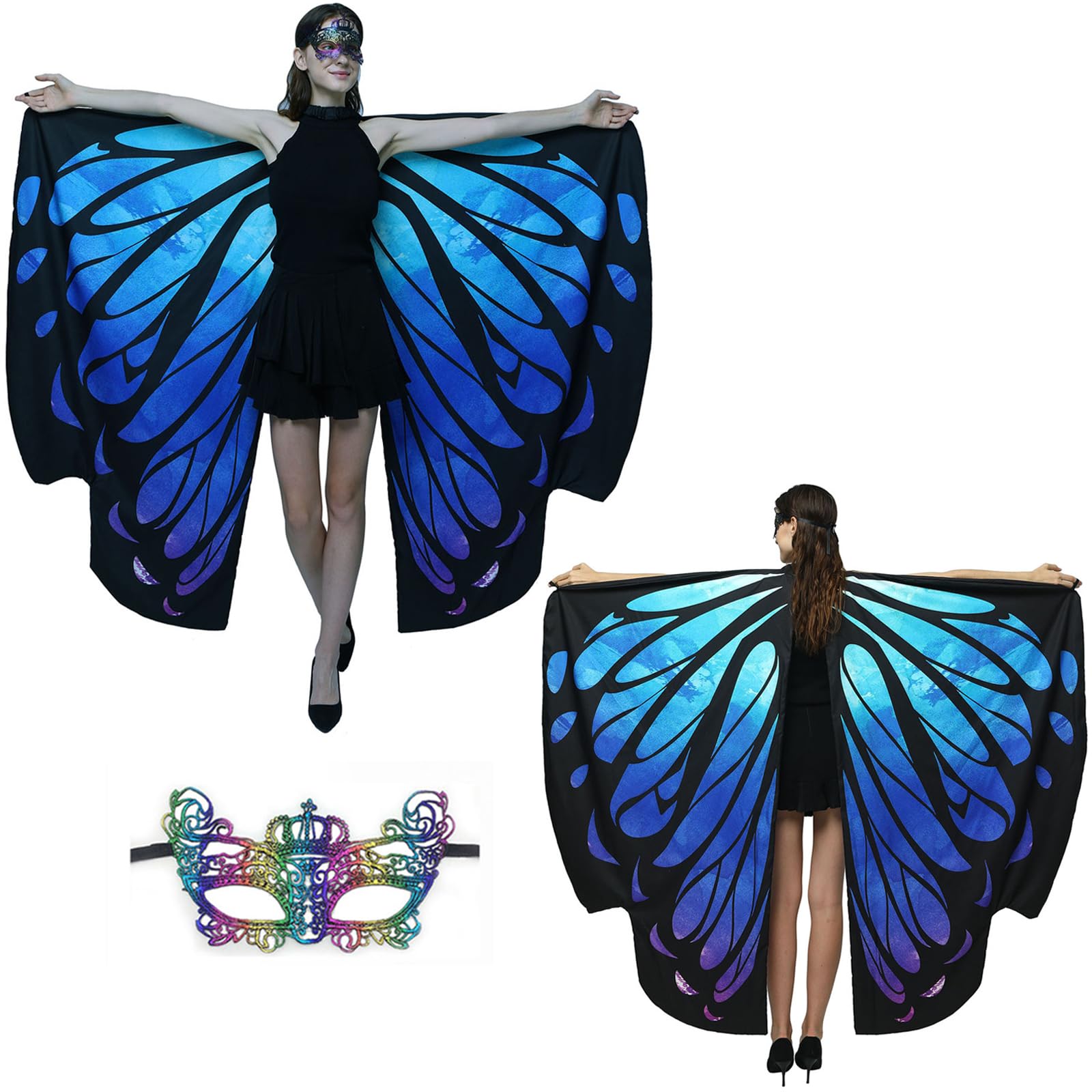 GRAJTCIN Womens Both Sides Butterfly Wings Shawl Halloween Costume Morpho Monarch Fairy Pixie Party Cape(66"x54",blue)