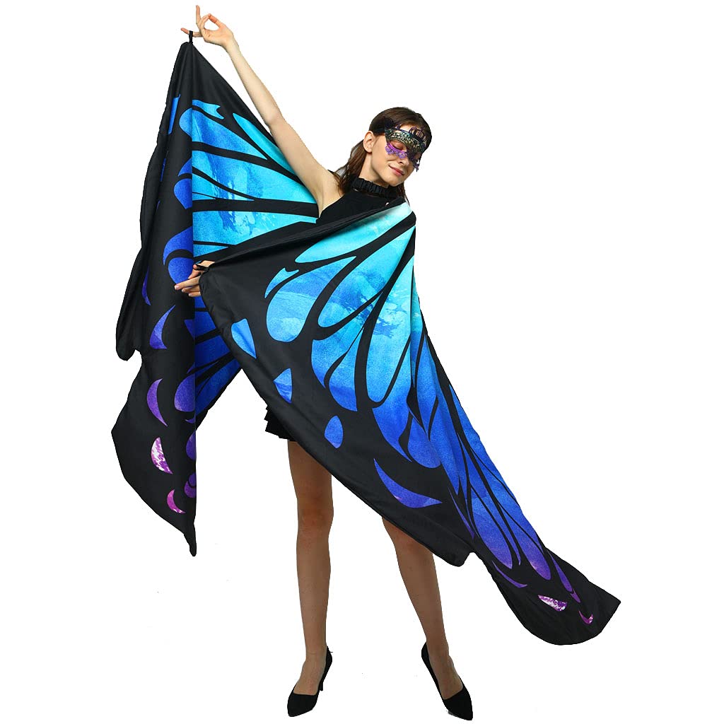 GRAJTCIN Womens Both Sides Butterfly Wings Shawl Halloween Costume Morpho Monarch Fairy Pixie Party Cape(66"x54",blue)