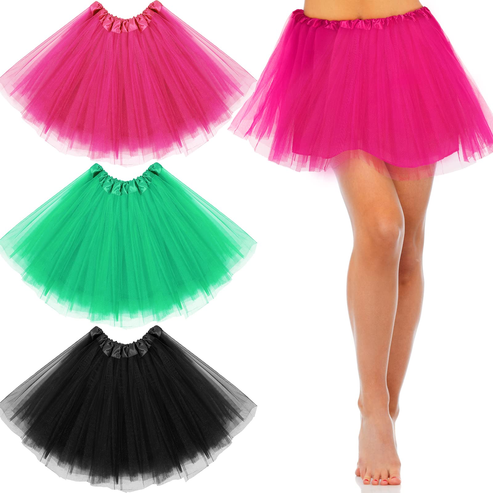 3 Pcs Adult Tutu Skirt 3 Layered Tulle Adult Tutu Elastic Tutu Women Multicolor Costume Tutu for Lady Ballet Halloween (Grass Green, Rose Red, Black)