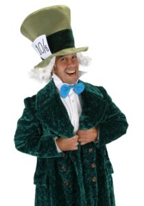 elope disney alice in wonderland mad hatter hat with hair, collar and bow tie costume kit for adults and teens