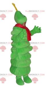 redbrokoly mascot giant green caterpillar with a red scarf