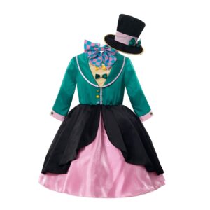 Nuoqi Girls Mad Hatter Costume Mad Hatter Tea Party Costume Halloween Dress with Hat M