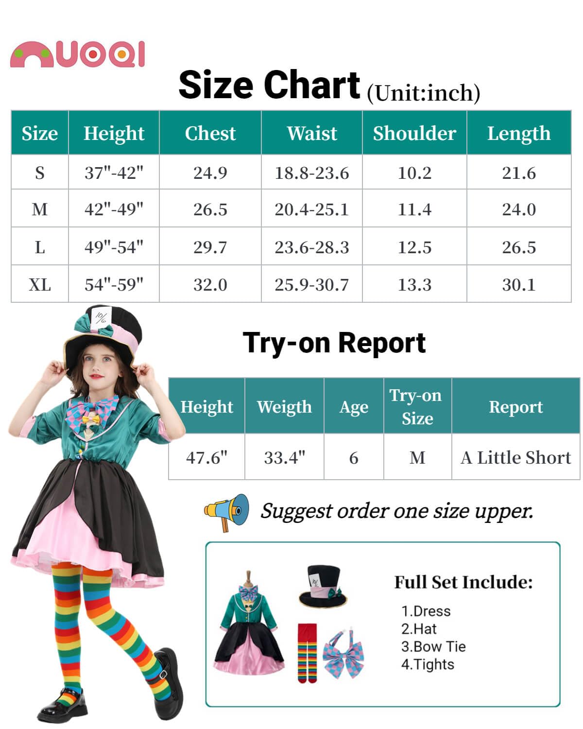 Nuoqi Girls Mad Hatter Costume Mad Hatter Tea Party Costume Halloween Dress with Hat M