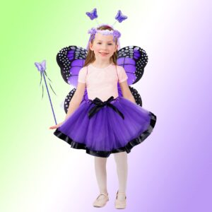 WILDPARTY Girl Fairy Costume Set with Butterfly Wings, Tutu, Magic Wand, Headband and Veil Costume Set for 3-8 Years Girl Dress up and Birthday Party Ballet Dance (Spotty Purple)