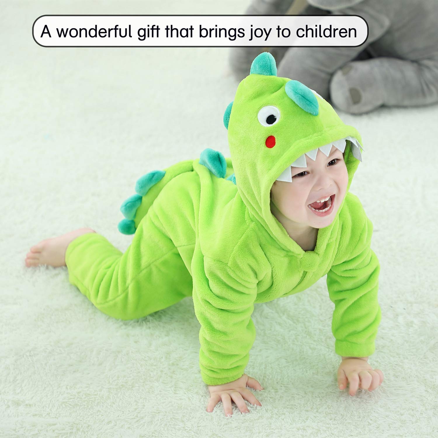 LOLANTA Boys Girls Dinosaur Costume Bodysuit Flannel Toddler One Piece Jumpsuit Kids Gifts (Green, 6-7 Years)