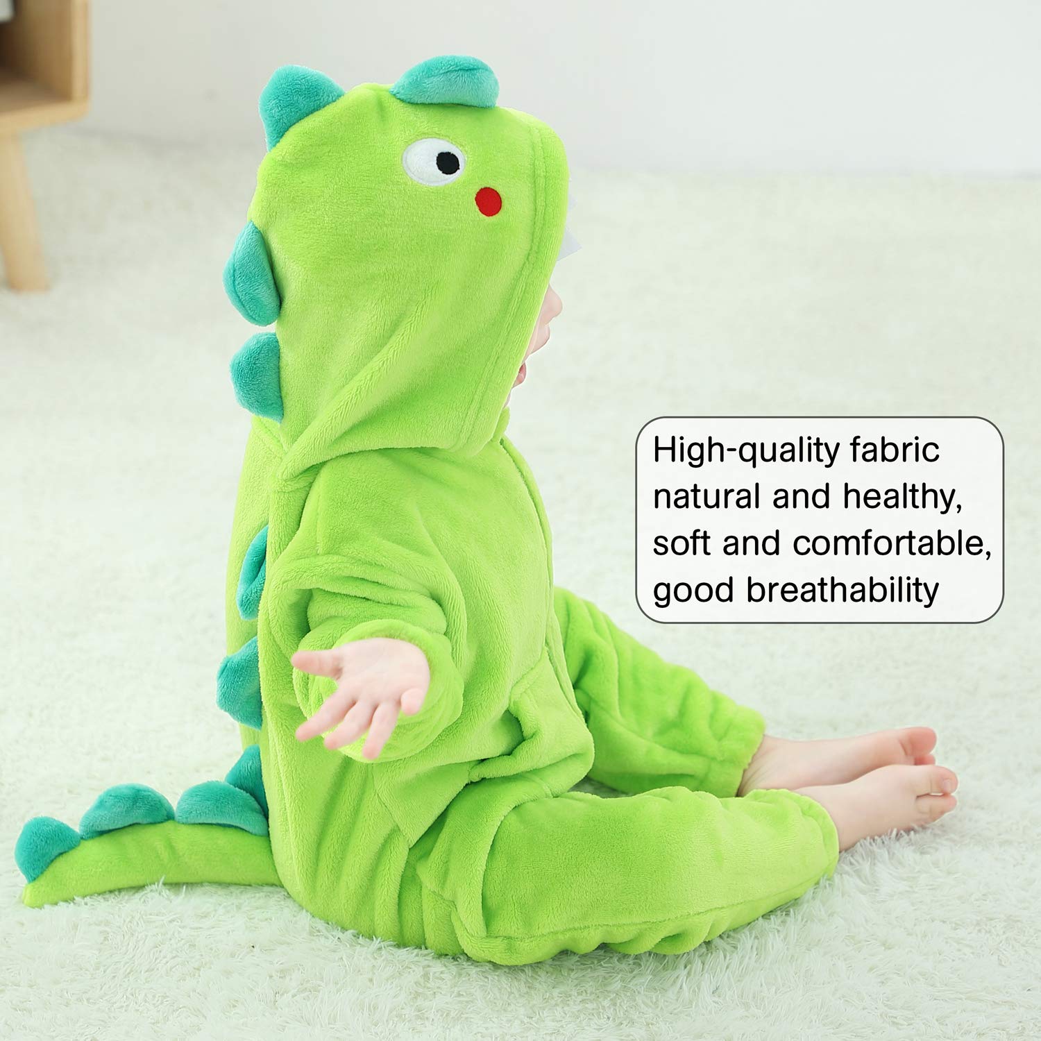 LOLANTA Boys Girls Dinosaur Costume Bodysuit Flannel Toddler One Piece Jumpsuit Kids Gifts (Green, 6-7 Years)