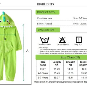 LOLANTA Boys Girls Dinosaur Costume Bodysuit Flannel Toddler One Piece Jumpsuit Kids Gifts (Green, 6-7 Years)