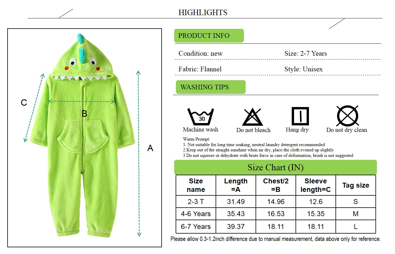 LOLANTA Boys Girls Dinosaur Costume Bodysuit Flannel Toddler One Piece Jumpsuit Kids Gifts (Green, 6-7 Years)