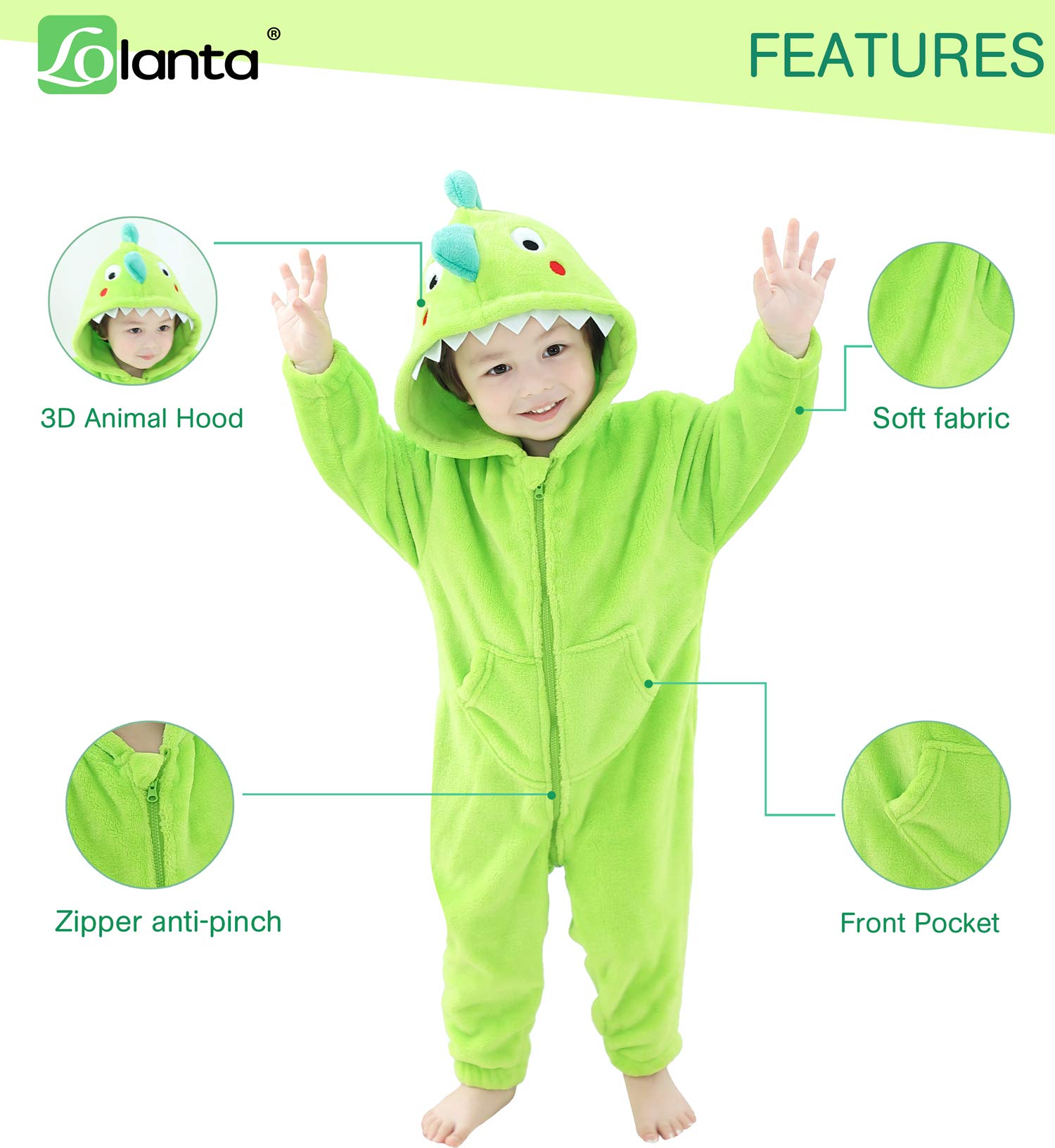 LOLANTA Boys Girls Dinosaur Costume Bodysuit Flannel Toddler One Piece Jumpsuit Kids Gifts (Green, 6-7 Years)