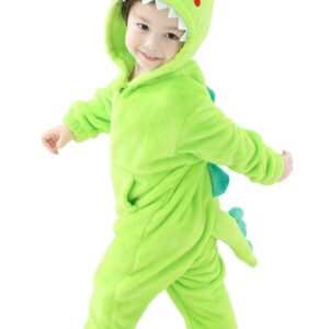 LOLANTA Boys Girls Dinosaur Costume Bodysuit Flannel Toddler One Piece Jumpsuit Kids Gifts (Green, 6-7 Years)