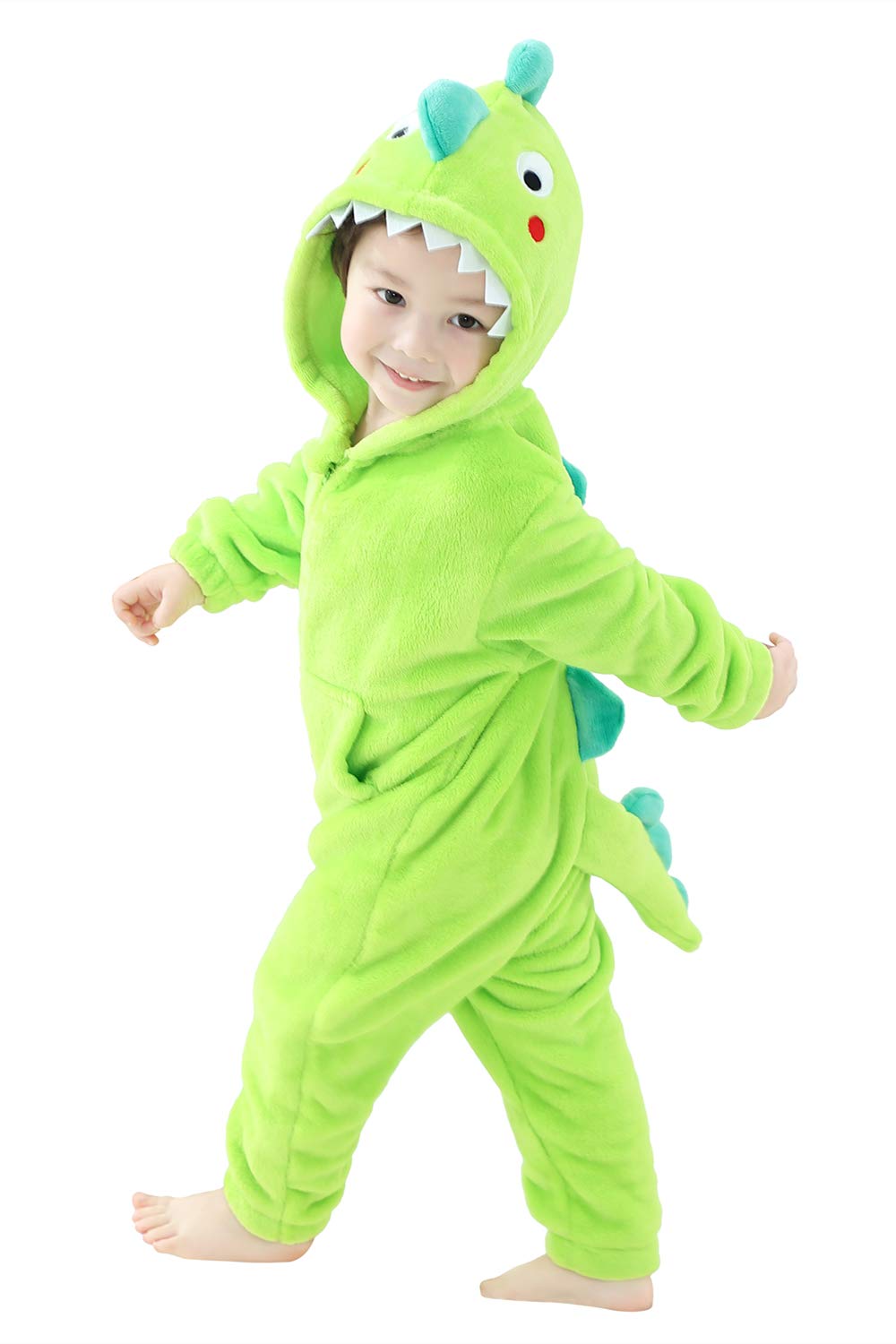 LOLANTA Boys Girls Dinosaur Costume Bodysuit Flannel Toddler One Piece Jumpsuit Kids Gifts (Green, 6-7 Years)