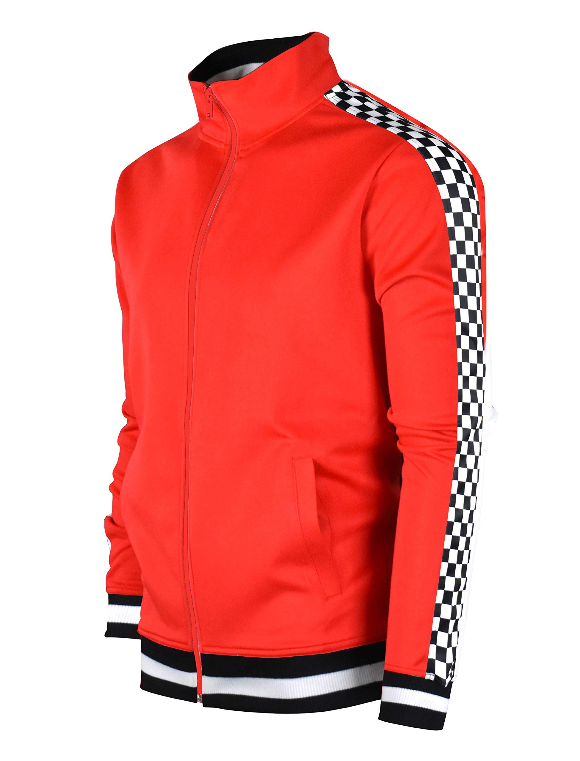 SCREENSHOT-F11854 Mens Urban Hip Hop Premium Track Jacket - Slim Fit Checker Taped Block Fashion Top-Red-Large