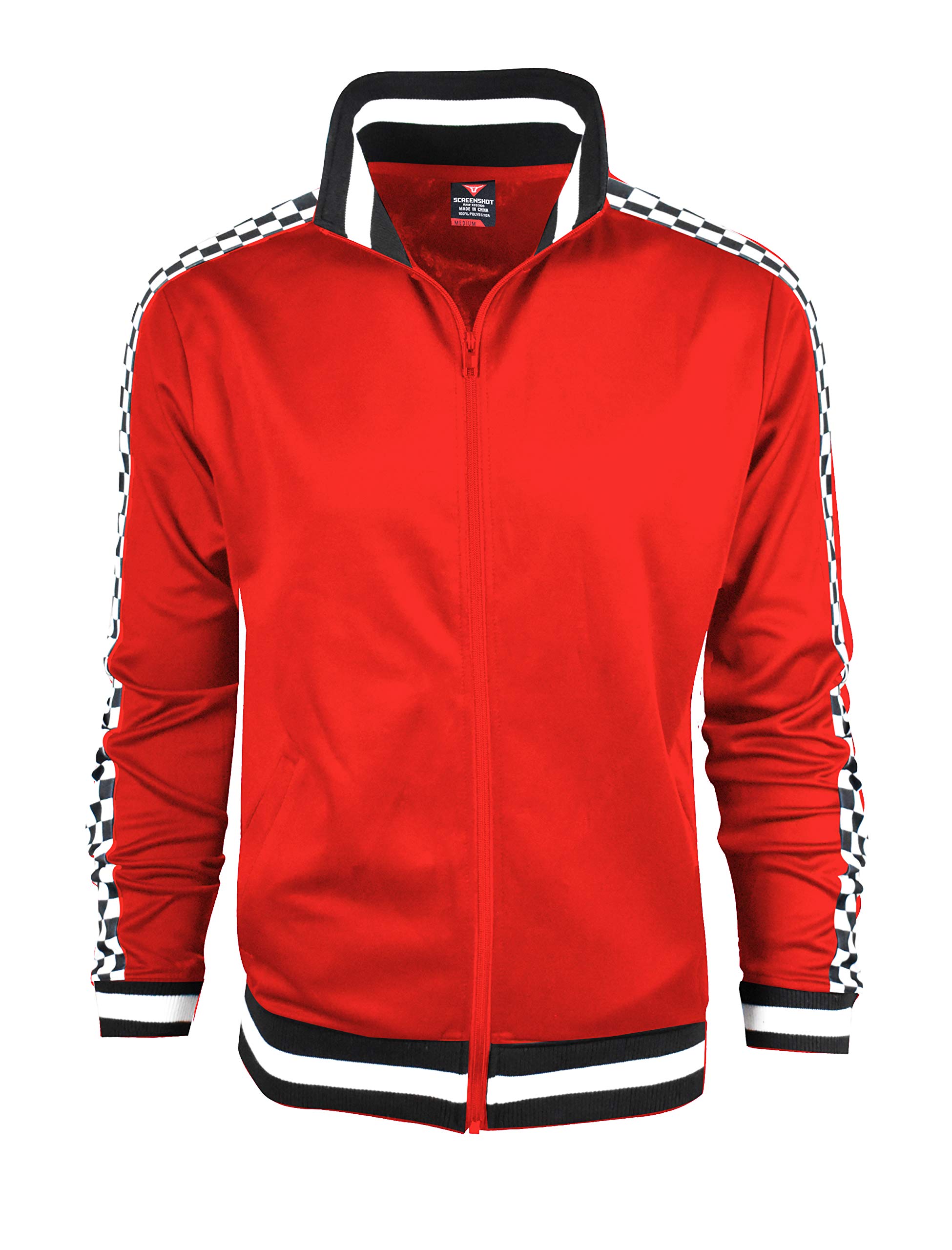 SCREENSHOT-F11854 Mens Urban Hip Hop Premium Track Jacket - Slim Fit Checker Taped Block Fashion Top-Red-Large