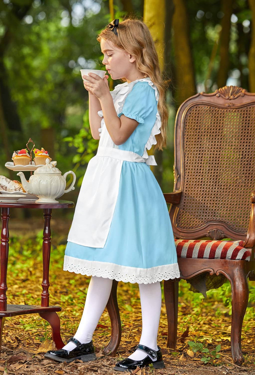 Halloween Child Girls Alice Outfit Puff Sleeve Casual Ruffle Trim Midi Dresses with Headband Blue 10 Years