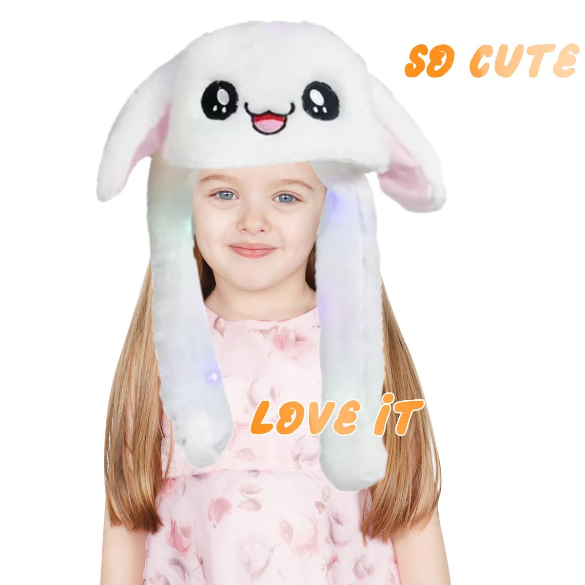 Arcimatto Animal Hat Plush Bunny Ears Moving Jumping Dress Up Cosplay Party Christmas Holiday Rabbit Cap for Kids Adults (White Rabbit)