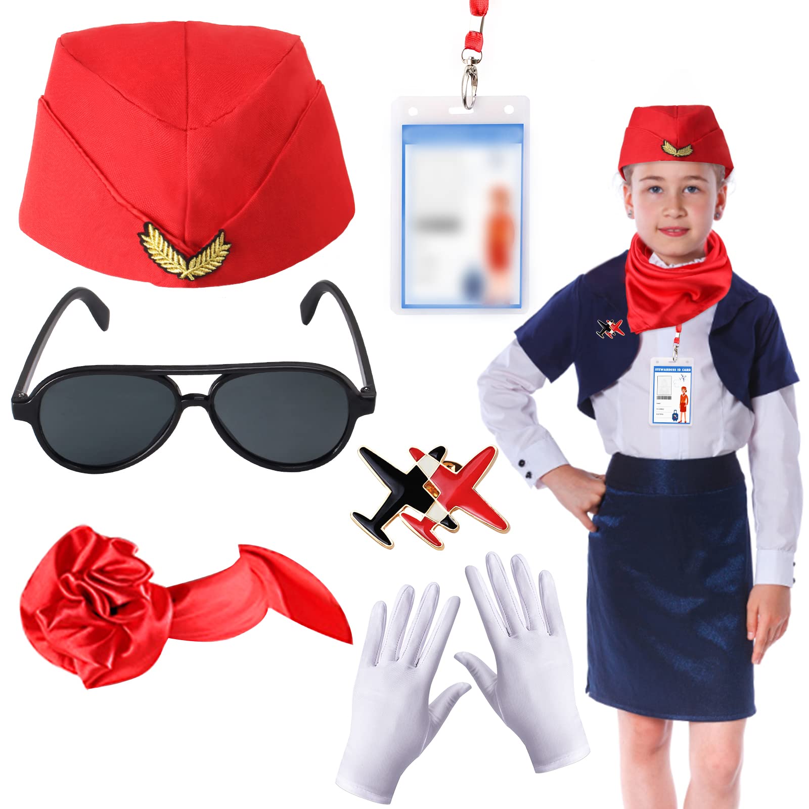 Keymall Kids Flight Attendant Costume Accessories Set Stewardess Hat Airline Hostess Costume Kits for Girls Dress Up Halloween Career Costume