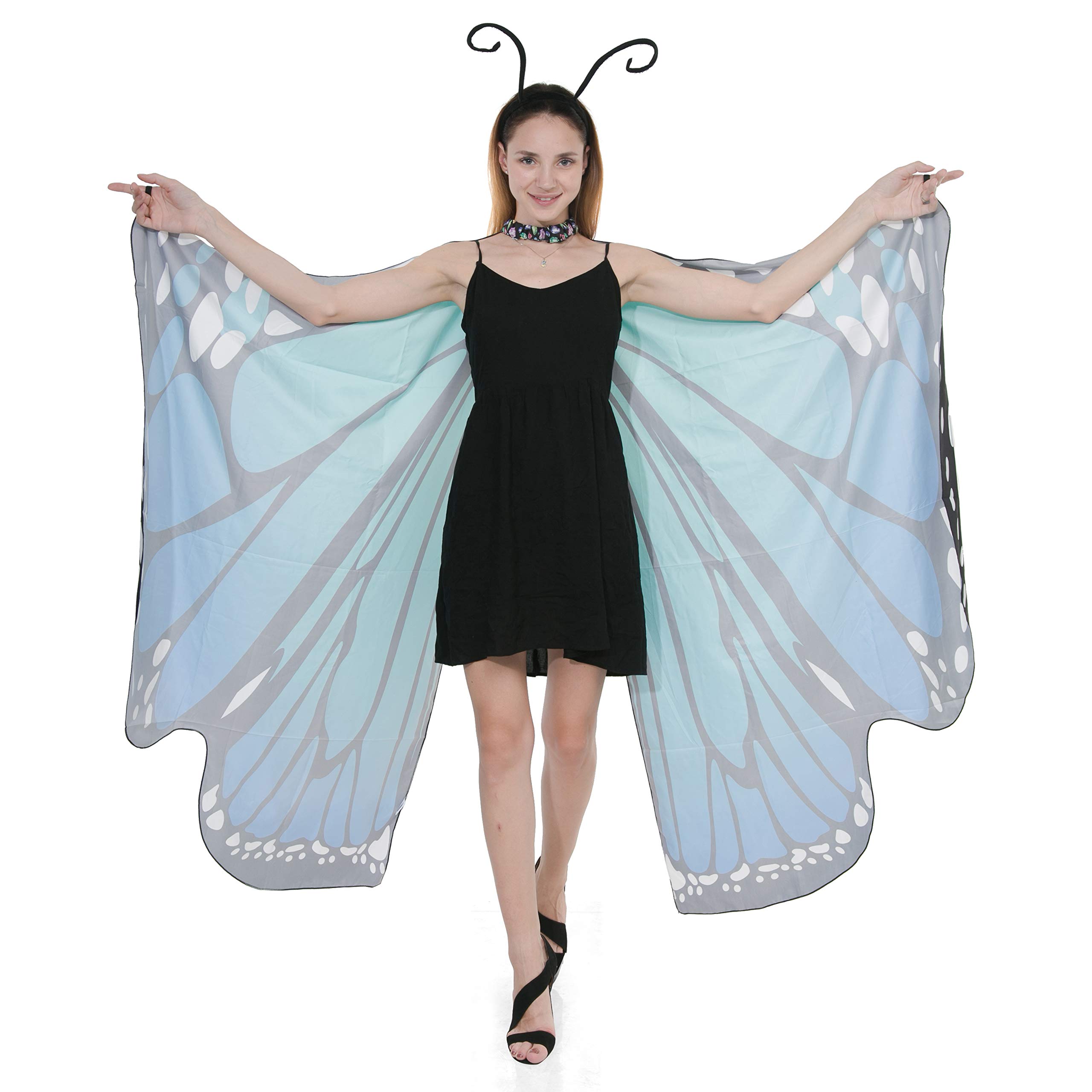 Spooktacular Creations Adult Butterfly Costume, Wing Cape Shawl with Lace Mask and Black Velvet Antenna Headband for Adult Women Halloween Costume-Blue