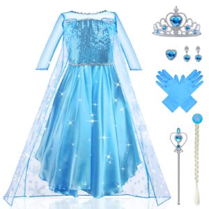 URAQT Princess Dress Costume for Girls Princess Dress Up Deluxe Girls Fancy Dress Snow Queen Birthday Party Cosplay Costume with Crown Wand Accessories