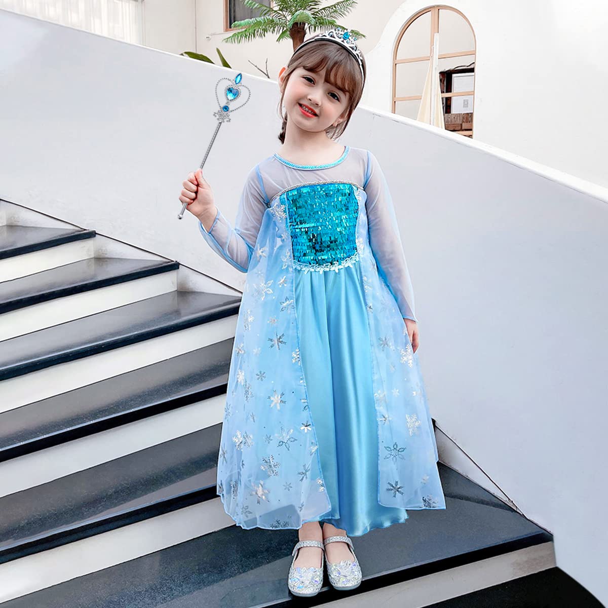 URAQT Princess Dress Costume for Girls Princess Dress Up Deluxe Girls Fancy Dress Snow Queen Birthday Party Cosplay Costume with Crown Wand Accessories