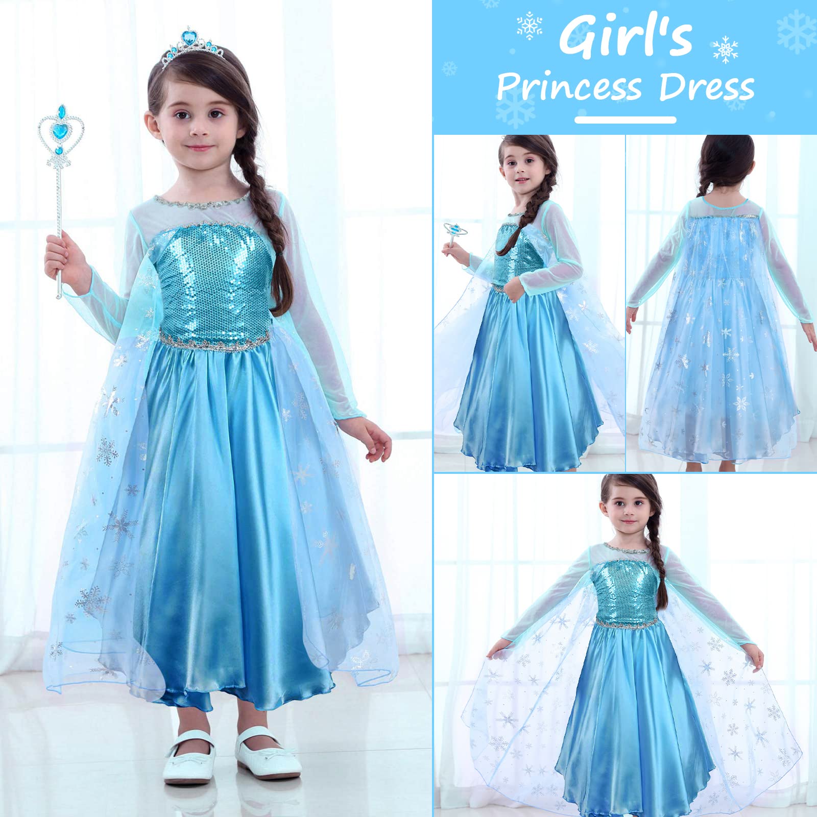 URAQT Princess Dress Costume for Girls Princess Dress Up Deluxe Girls Fancy Dress Snow Queen Birthday Party Cosplay Costume with Crown Wand Accessories