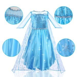 URAQT Princess Dress Costume for Girls Princess Dress Up Deluxe Girls Fancy Dress Snow Queen Birthday Party Cosplay Costume with Crown Wand Accessories