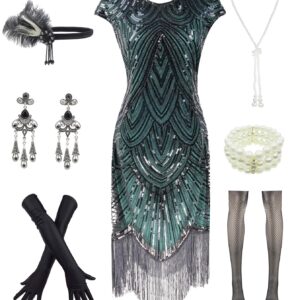 Letter Love Women 1920s Vintage Flapper Fringe Beaded Gatsby Party Dress With 20s Accessories Set (S, Black Green)