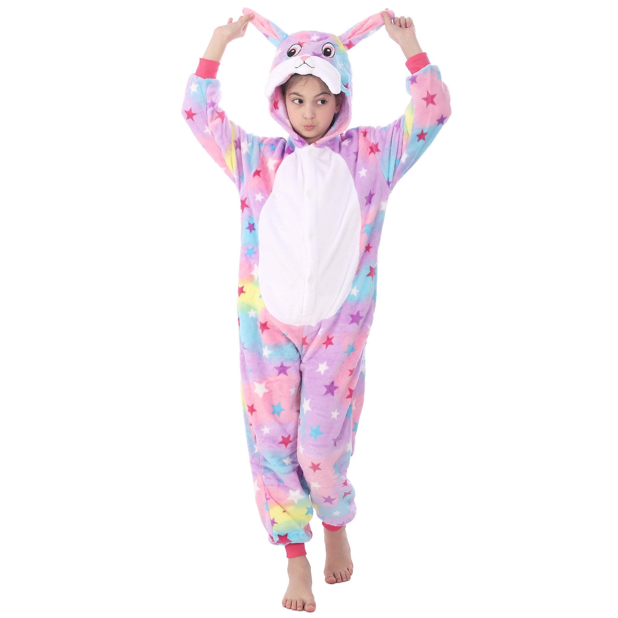 WOYASIM Unisex Flannel Costume Onesie Kids Halloween Easter Animal Cosplay for Girls Boys One Piece Star Rabbit M