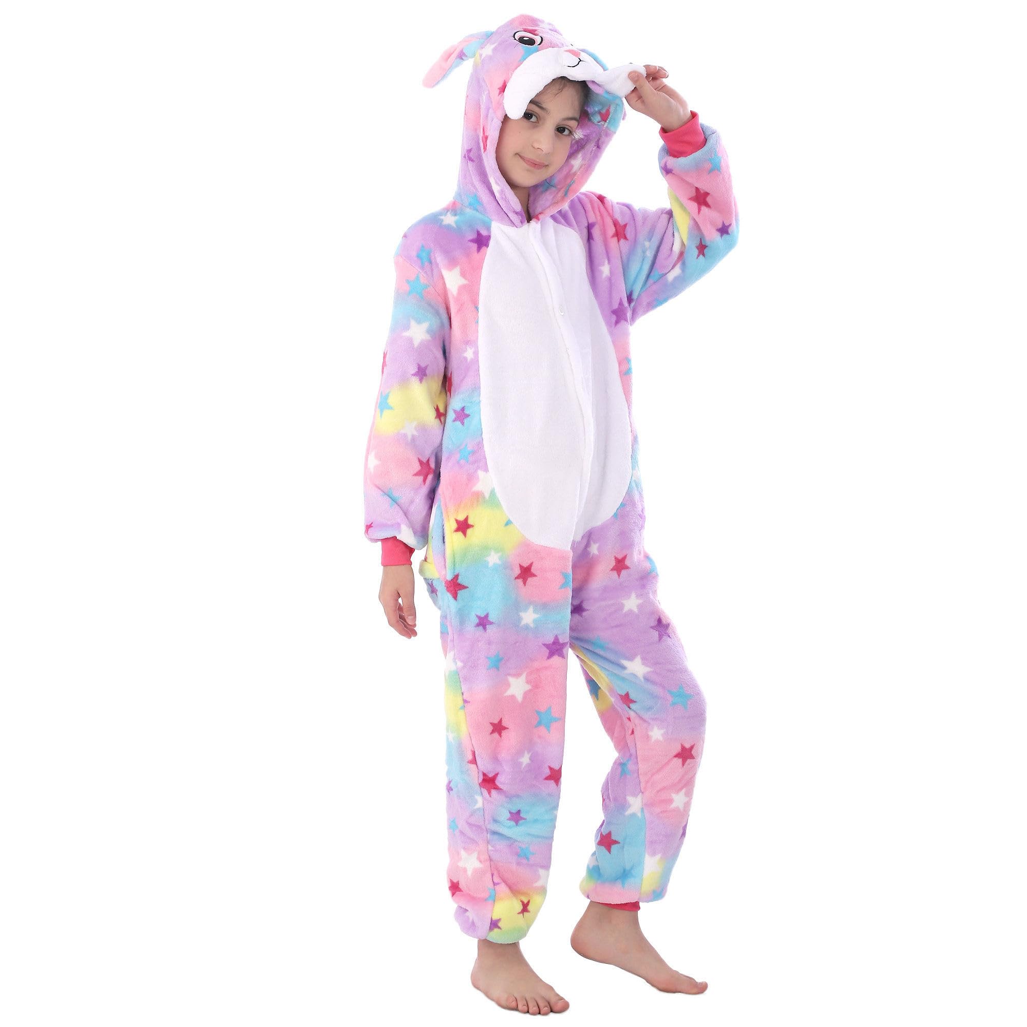 WOYASIM Unisex Flannel Costume Onesie Kids Halloween Easter Animal Cosplay for Girls Boys One Piece Star Rabbit M