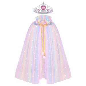 aoowu princess cape for girls, colorful princess cloak with crown, princess fancy dress up sparkling sequins tulle princess cape set for birthday party cosplay (rainbow, m)