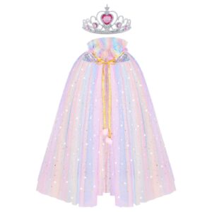 AOOWU Princess Cape for Girls, Colorful Princess Cloak with Crown, Princess Fancy Dress Up Sparkling Sequins Tulle Princess Cape Set for Birthday Party Cosplay (Rainbow, M)