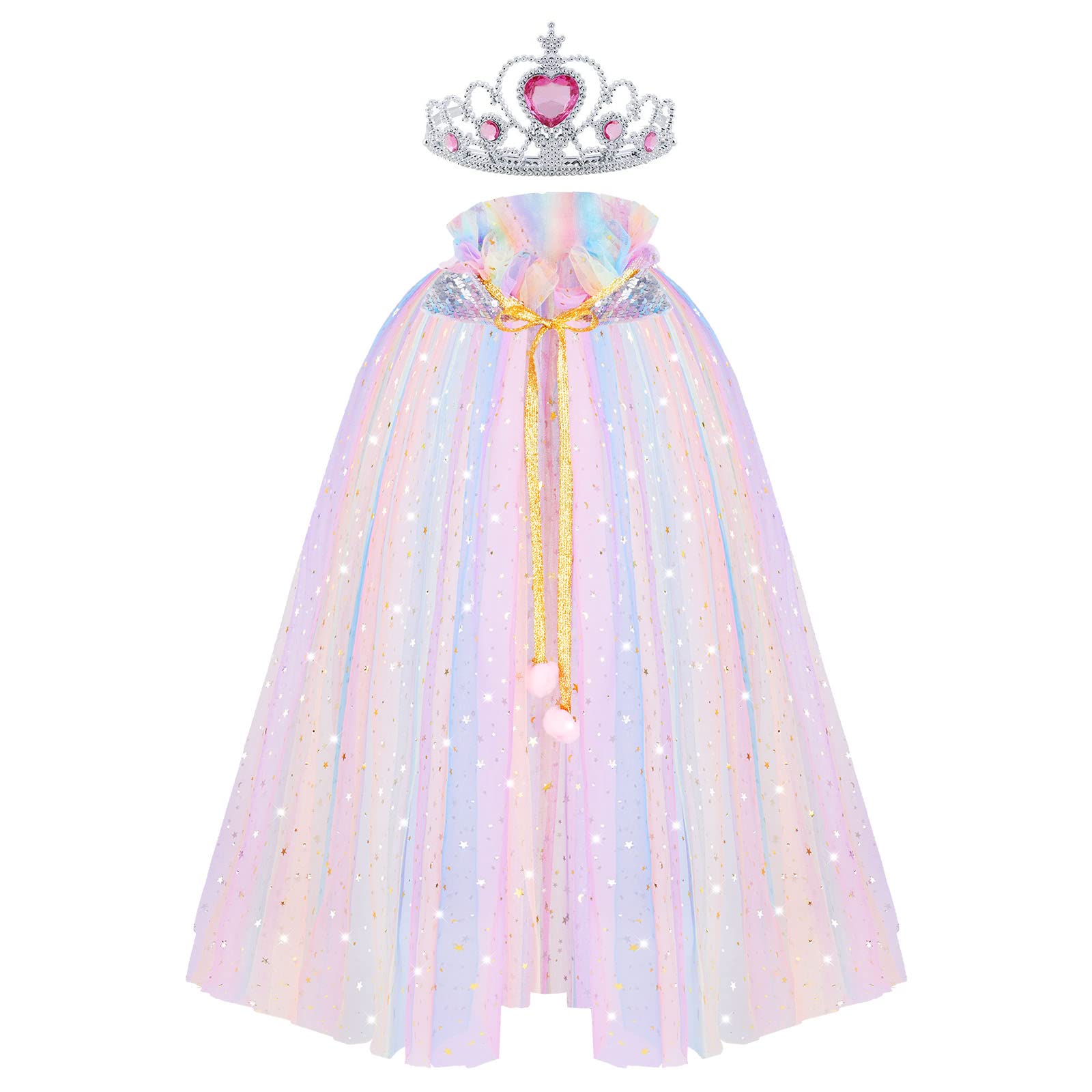 AOOWU Princess Cape for Girls, Colorful Princess Cloak with Crown, Princess Fancy Dress Up Sparkling Sequins Tulle Princess Cape Set for Birthday Party Cosplay (Rainbow, M)