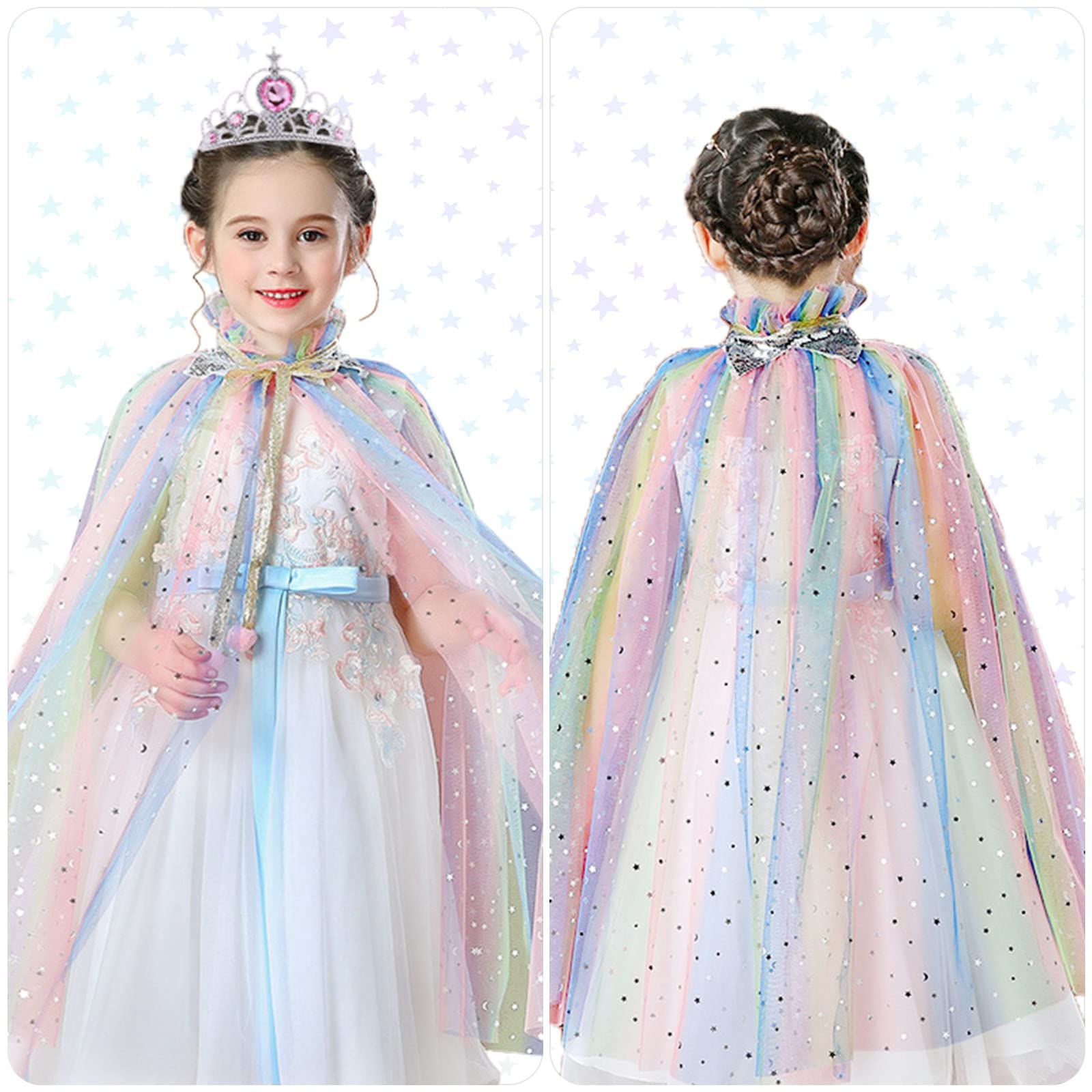 AOOWU Princess Cape for Girls, Colorful Princess Cloak with Crown, Princess Fancy Dress Up Sparkling Sequins Tulle Princess Cape Set for Birthday Party Cosplay (Rainbow, M)