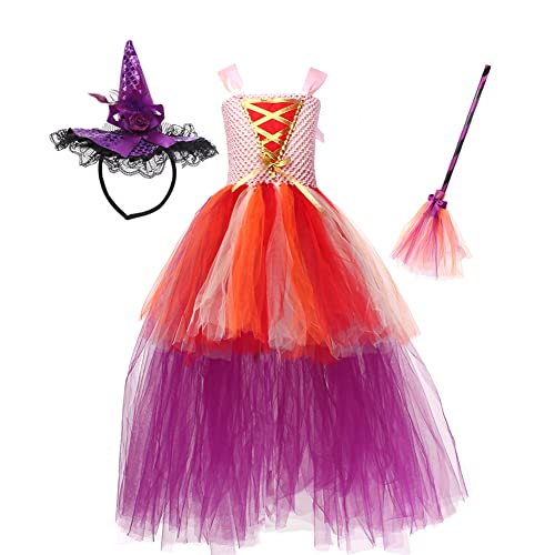 IBAKOM Toddler Halloween Costumes for Girls Wicked Witch Tulle Dress Witch Hat Broom Hood Cloak Carnival Fancy Party Fairytale Spell Caster Wizard Dress Up Teen Girl Witch Dress Pink 4-5 Years