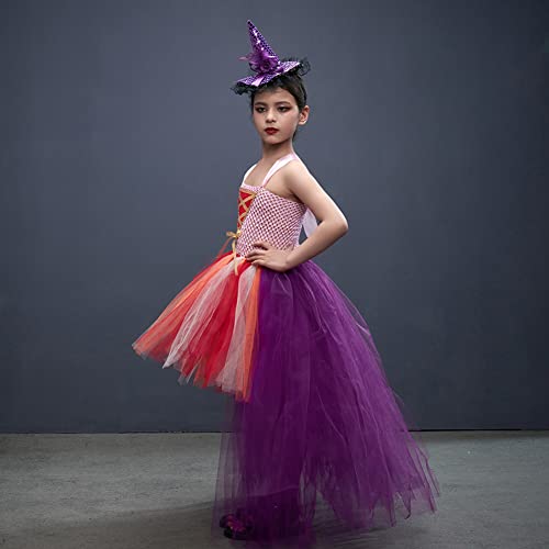 IBAKOM Toddler Halloween Costumes for Girls Wicked Witch Tulle Dress Witch Hat Broom Hood Cloak Carnival Fancy Party Fairytale Spell Caster Wizard Dress Up Teen Girl Witch Dress Pink 4-5 Years