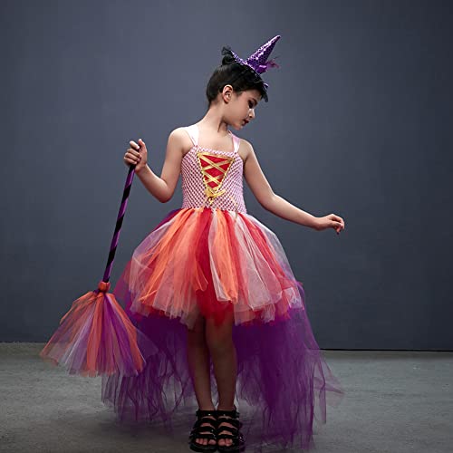 IBAKOM Toddler Halloween Costumes for Girls Wicked Witch Tulle Dress Witch Hat Broom Hood Cloak Carnival Fancy Party Fairytale Spell Caster Wizard Dress Up Teen Girl Witch Dress Pink 4-5 Years