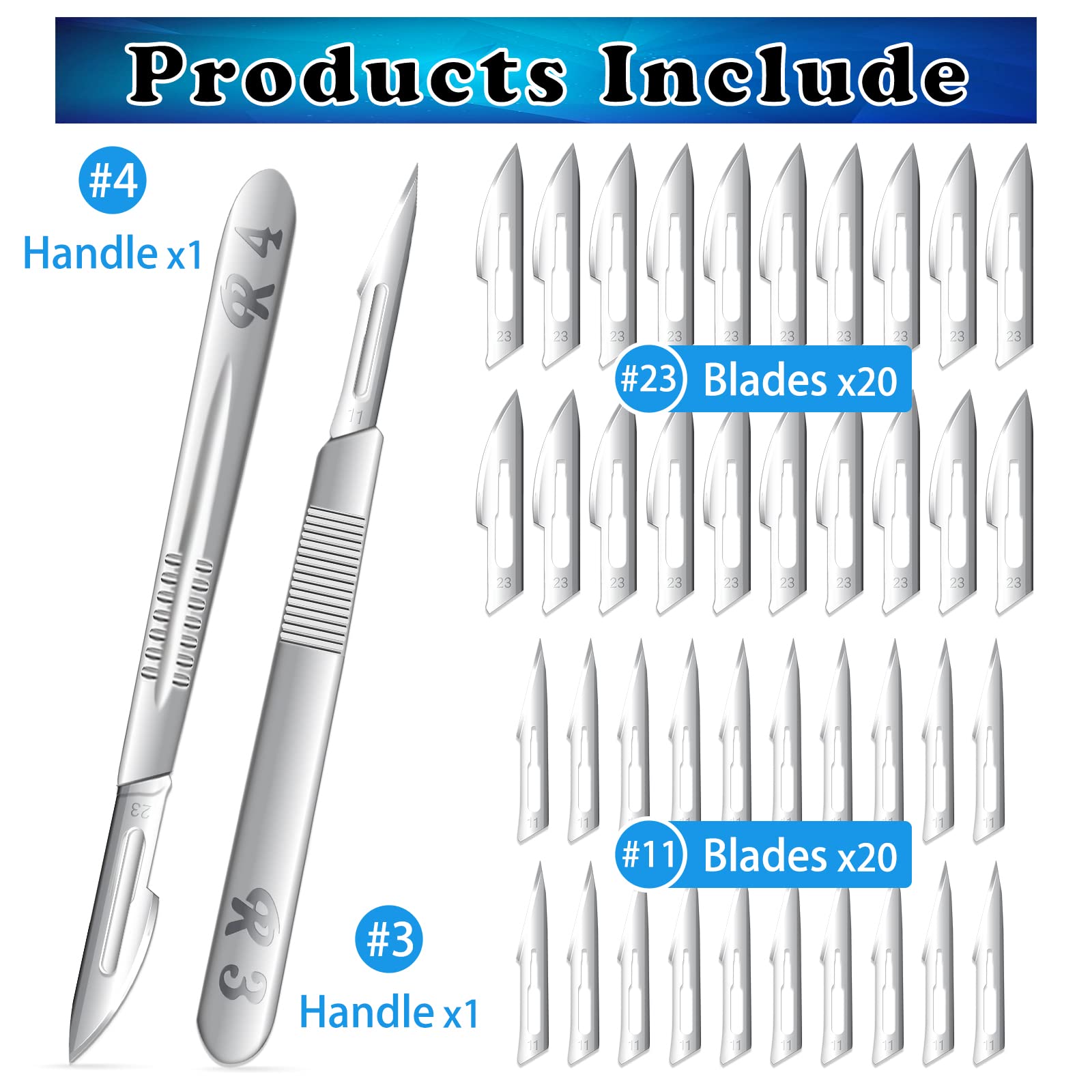 40 Pieces Scalpel Blades #11#23 Scalpels Surgical Blades with 2PCS #3#4 Handle & Storage Box,Individually Wrapped High Carbon Steel Blades for Sculpting, Cutting,Crafts & More