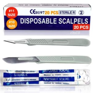 MedHelp Disposable Scalpels #10 + 11 ● Box of 20 Disposable Dermaplaning Blades with Plastic Handle, Scalpel Blades, High Carbon Steel Dermablade Blades Individually Wrapped Sterile