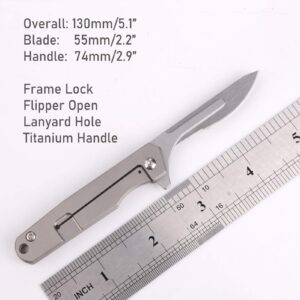 Samior TS51 Small Slim Scalpel Folding Pocket Flipper Knife with 10pcs #24 Replaceable Blade, 5.1 inches Grey Titanium Handle with Liner Lock, Utility EDC Keychain Knives, 0.99oz