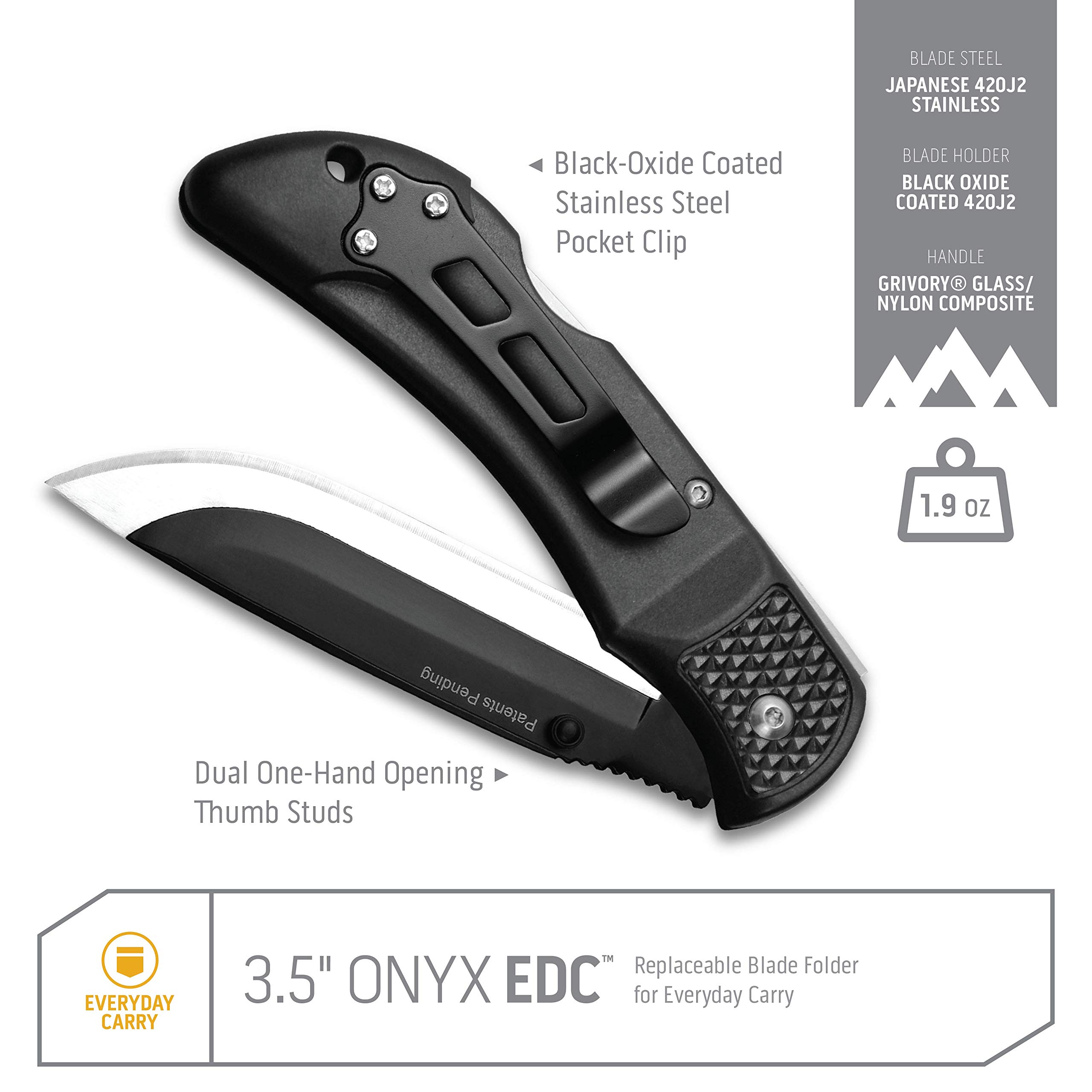 OUTDOOR EDGE 3.5" Onyx EDC - Replaceable Blade Folding Pocket Knife with Dual Thumb Opener and Pocket Clip with 3 Blades