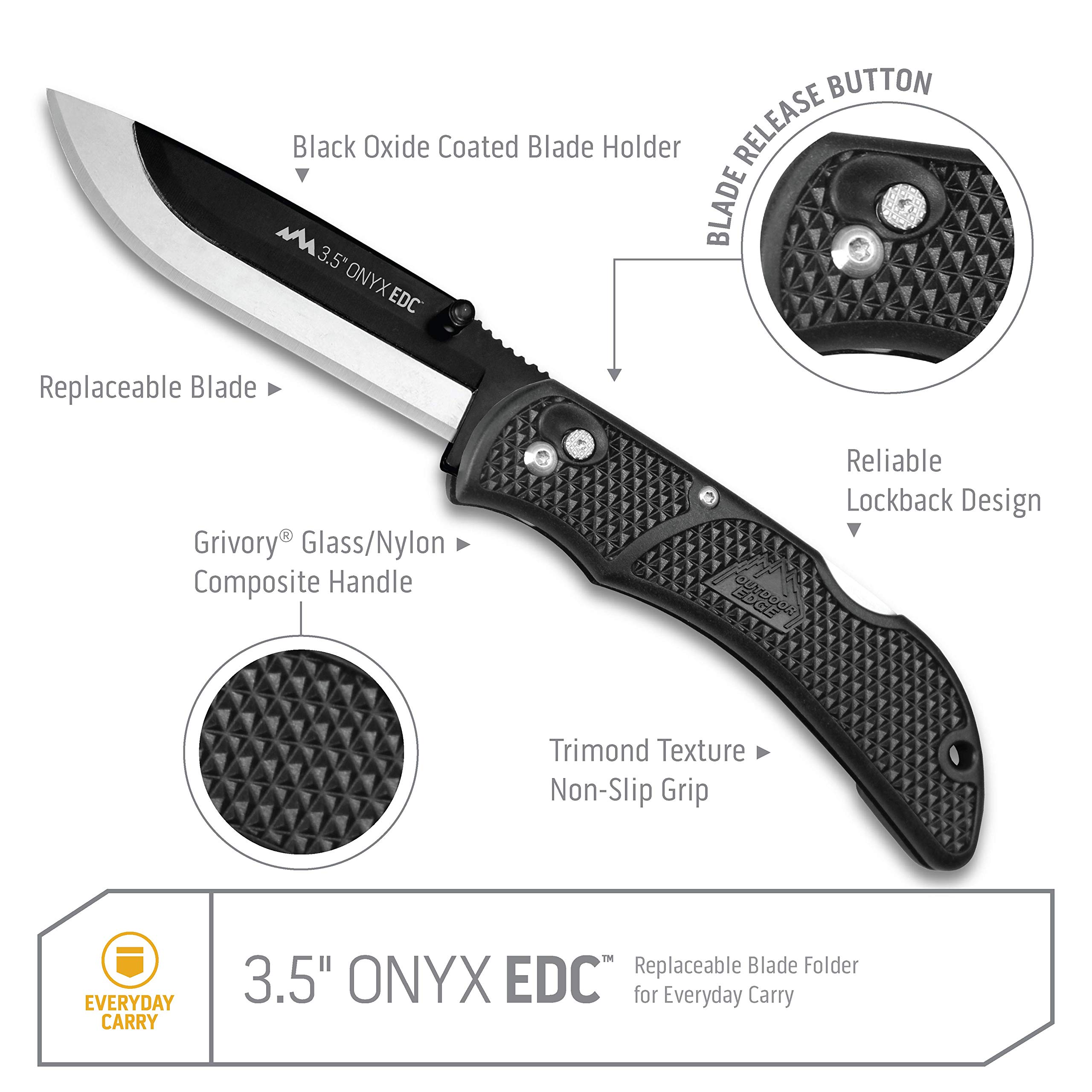 OUTDOOR EDGE 3.5" Onyx EDC - Replaceable Blade Folding Pocket Knife with Dual Thumb Opener and Pocket Clip with 3 Blades