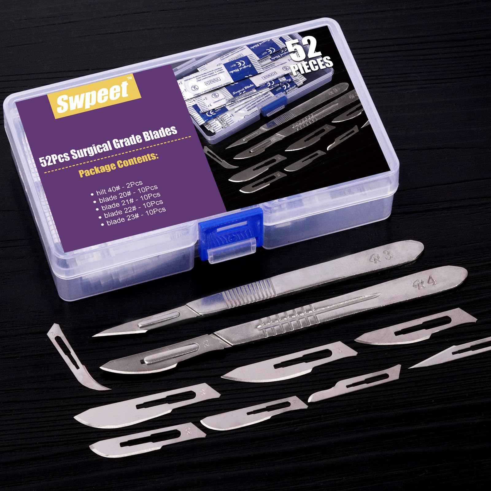 Swpeet 42Pcs 4 Styles #10#11#12#15 Scalpel Blades Surgical Grade Blades with #3 Scalpel Knife Handle Assortment Kit, Biology Lab Knives for Biology Lab Anatomy, Practicing Cutting, Sculpting