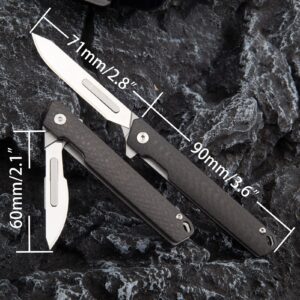 TENCHILON TC18 Small Carbon Fiber Pocket Folding Scalpel Knife, 10pcs #60 and #24 Replaceable Blades, Compact Slim Gentleman's Flipper EDC Utility Knives with Pocket Clip