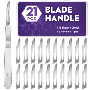 21PCS 20 Scalpel Blades with #15 Scalpels Surgical Sterile Blades Including 1 Handle,Laboratory Blade-Lab Knives- Carving Blades with Handle-Art Blades Practicing Cutting-Crafts & More