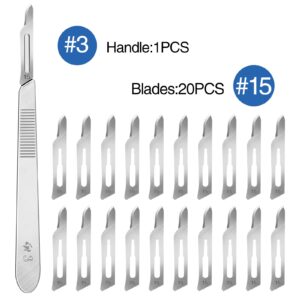 21PCS 20 Scalpel Blades with #15 Scalpels Surgical Sterile Blades Including 1 Handle,Laboratory Blade-Lab Knives- Carving Blades with Handle-Art Blades Practicing Cutting-Crafts & More