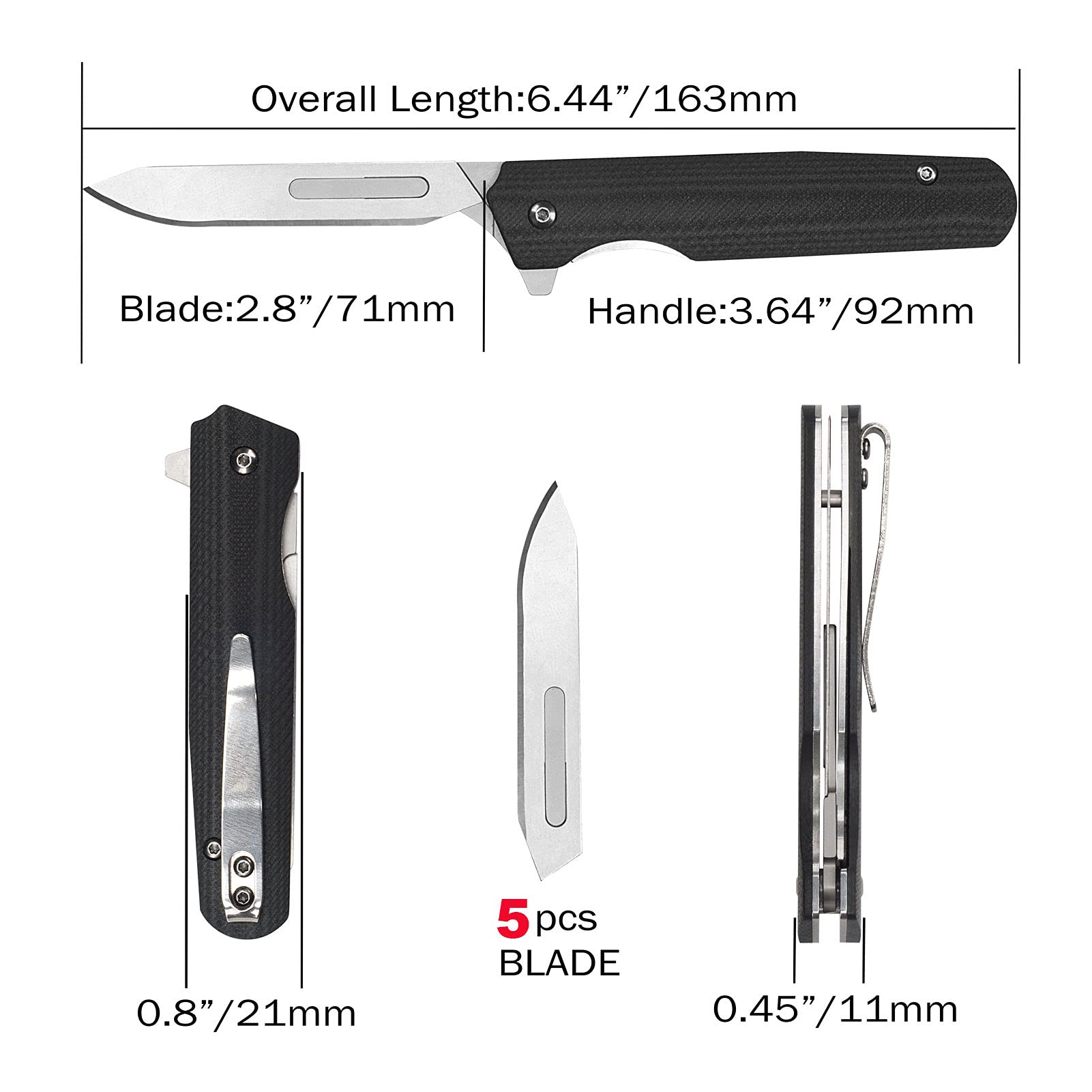 Samior S085 Compact Flipper Scalpel Folding Pocket Knife with 5pcs 440C #60 Replaceable Blade, 3.64" G10 Handle with Liner Lock, Utility EDC Keychain Knives, 1.8oz